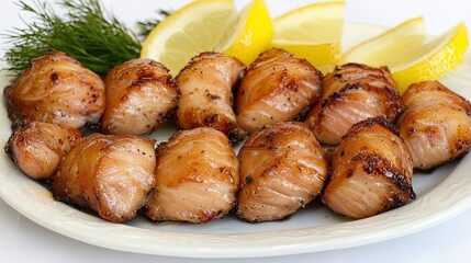 Grilled Salmon Bites Garnished with Fresh Lemon Slices and Herbs on a White Plate Ready to Serve as an Appetizer or Main Dish