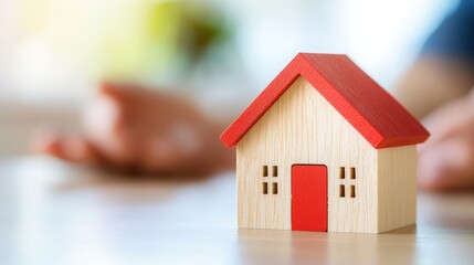 A small wooden house model with a red roof sits on a table, with a person's hands positioned in the background, suggesting themes of housing or real estate.