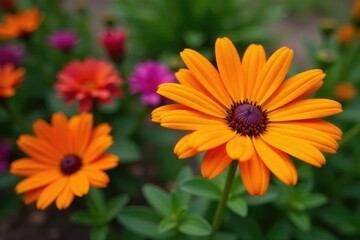 Orange gerbera daisies in a garden with other flowers, flowers arrangement, garden,