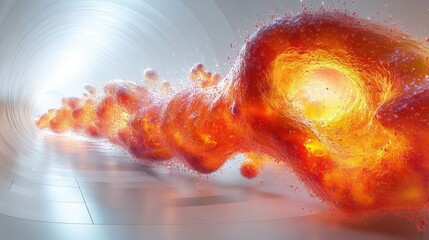 Luminous Orange Abstract Energy Flow and Explosion of Fire Particles on White background, 3D