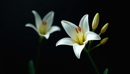 Fototapeta premium Pure white lily bloom isolated on dark background, solitary, isolated flower, white lily