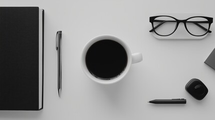 Minimalist aesthetic flat lay Minimalist workspace with coffee, glasses, and notebook on a table.