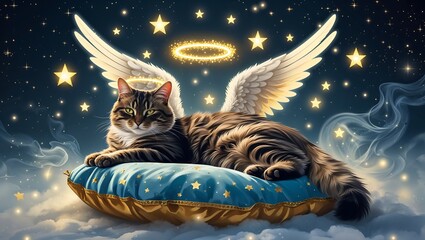 Celestial Cat with Angelic Wings and Golden Halo Against a Starry Night Sky, Resting on a Fluffy Pillow in a Magical Atmosphere