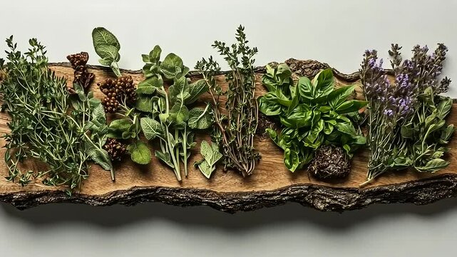 A variety of fresh herbs displayed on a wooden board for culinary use.