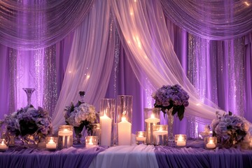 A Purple Table Decoration with Flowers and Glowing Candles