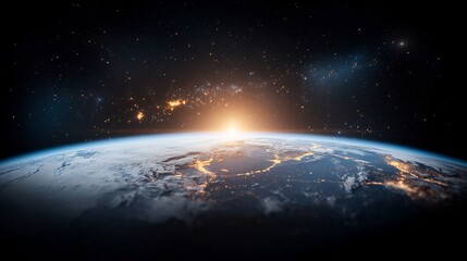 Obraz premium Sunrise over Earth from space, showing city lights and clouds.
