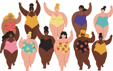 Diverse group of plus size women in colorful swimsuits wave their hands happily, great for body positivity concepts.