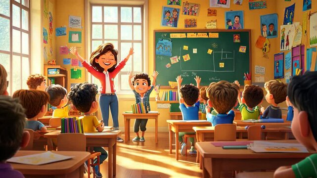 A cheerful elementary school classroom with children engaged and a happy teacher leading the lesson in a bright, colorful environment