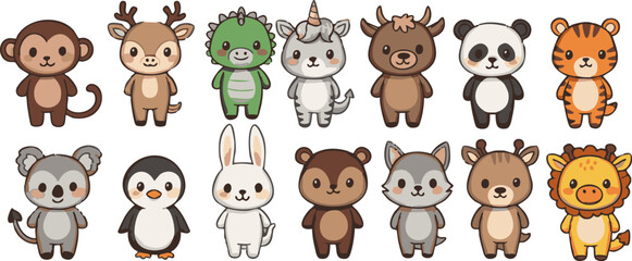 Whimsical cartoon animals including a monkey, deer, and dragon presented in a simple illustration, perfect for children's products and designs.