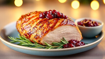 A beautifully roasted turkey breast garnished with cranberries and rosemary, served on a plate, perfect for festive dining.