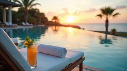 Obraz premium Enjoying a refreshing drink by the serene pool during sunset at a luxury resort