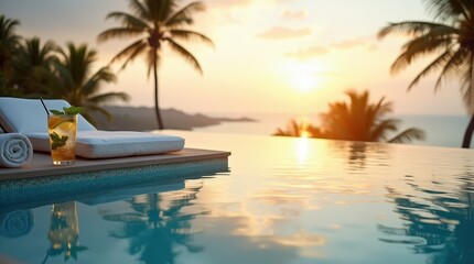 Relaxing at a luxurious infinity pool during sunset with refreshing cocktail in hand