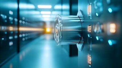 High-tech server room close-up featuring a futuristic control panel and illuminated data storage systems.