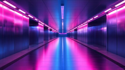Fototapeta premium A captivating corridor stretches ahead, lined with sleek metallic walls reflecting hues of pink and blue. The soft glow of neon lights creates an enchanting atmosphere, inviting adventure