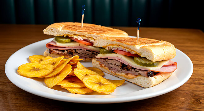 Cuban sandwich with crusty bread, roasted pork, ham, Swiss cheese, and pickles