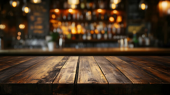 Rustic wooden table with blurred bar background perfect for product mockups