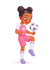 African American girl in football player uniform kicking ball with knee. Cartoon vector illustration