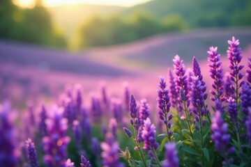 Obraz premium Rolling hills of purple salvia, soft summer bokeh , bloom, plants, spring