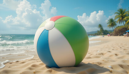 Obraz premium Beach Ball Resting on Sunny Sand at Tropical Beach Scene