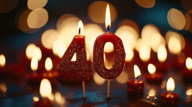 Number 40 birthday candles burning with bokeh lights background