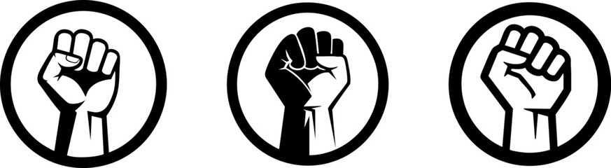 Three graphic raised fists inside circular frames symbolize power and unity, ideal for social justice and activism designs.