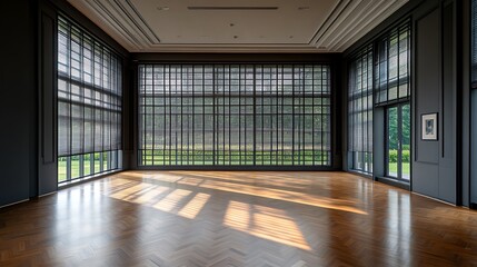 Sunlit Gallery Interior: Hardwood Floor and Expansive Windows AI Generated
