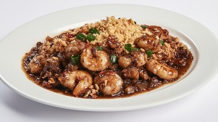 Delicious Plate of Spicy Shrimp with Garnish and Flavorful Sauce Served in a Restaurant Setting