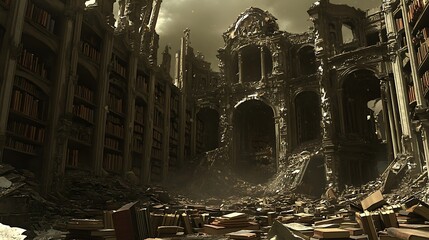 Ruined library interior, crumbling structure, debris, dramatic, apocalyptic, fantasy background, book use