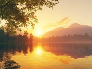 Fototapeta premium A serene sunset over a tranquil lake with reflections of trees and mountains in the water, creating a peaceful atmosphere. 