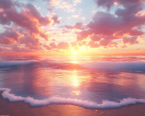 Obraz premium Serene beach sunset reflecting on the water with colorful sky hues