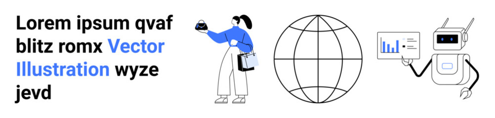 Woman holding a cupcake alongside a wireframe globe and robot presenting data insights. Ideal for technology, AI, global connectivity, data analysis, robotics, digital systems, and flat landing page