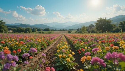 Colorful Flower Field, Mountain View - Pastel color palettes