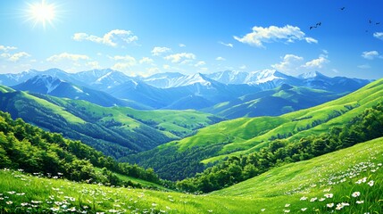 Obraz premium Sunny Alpine Meadow Landscape with Lush Green Hills and Snow Capped Mountains