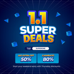 1.1 Super New Year Shopping Sale discount deals dynamic dark blue gradient Editable text effect 3d object random style square promotional banner poster flyer template