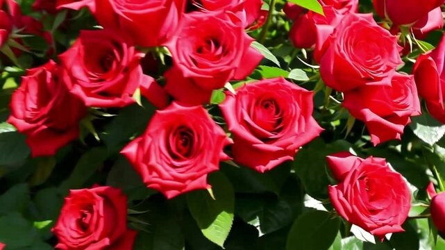 Close Vibrant Red Roses in Full Bloom with Lush Green Leaves background