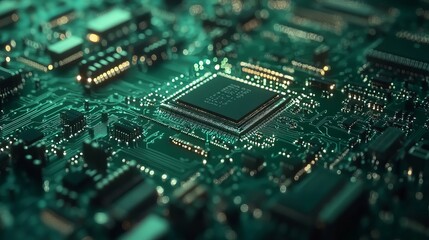 High Tech Circuit Board Green Technology Digital Microchip Electronic Components Modern Technology Innovation Advanced Computer Hardware System       