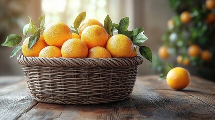 Oranges Fruit Basket Close Up on Wooden Table in Nature Setting