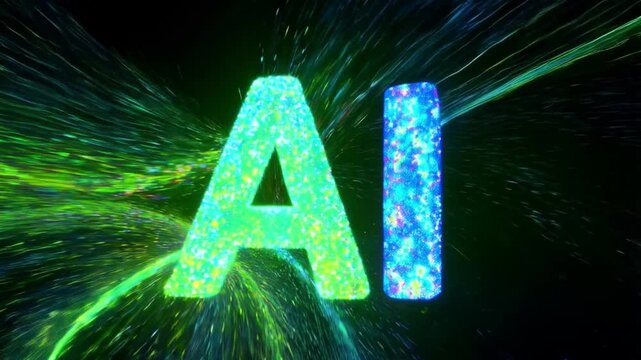 Futuristic AI neon sign with Glowing Neon Particles flowing in the background