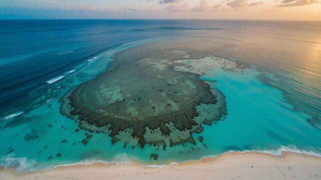 Aerial view of idyllic Alacranes Reef at sunset with turquoise waters and sandy beaches, Progreso, Mexico. - Powered by Adobe