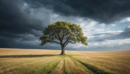 Obraz premium Majestic solitary tree against a dramatic stormy sky in golden meadow