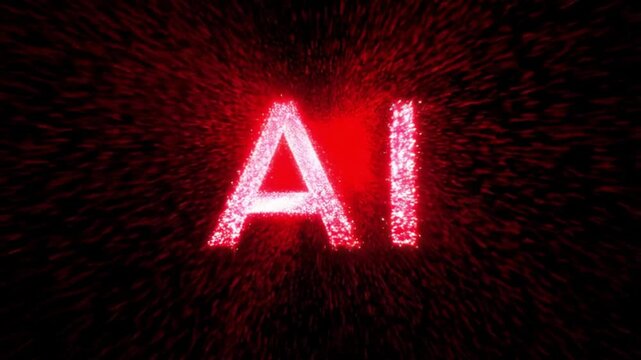 Red Glowing AI Text with Digital Particle Explosion Effect on a dark background