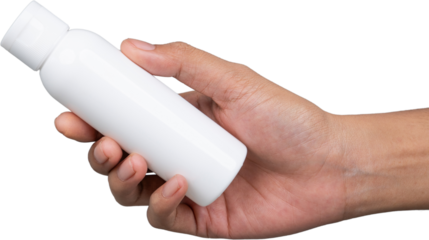 Daily Use Cylindrical Flip-Top Sunscreen Bottle in Woman’s Hand – Sweat & Water Resistant Isolated Transparent