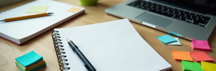 Flatlay of notebook, pen, laptop, sticky notes, showing organized workflow , overhead, minimalist, computer