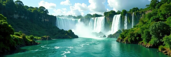 Emerald waters lap against the lush greenery of Iguazu Falls Brazilian side, tropical, nature
