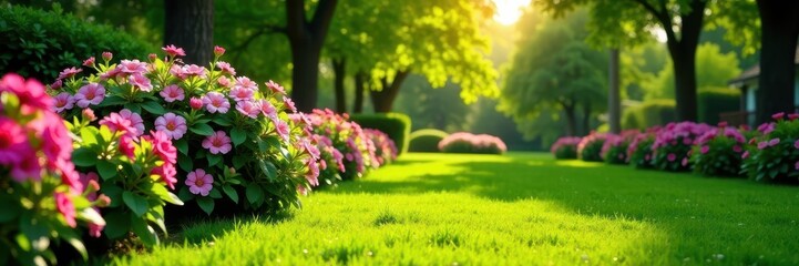 Obraz premium Flowering shrubs, gentle breeze, sun-dappled lawn, flowers, vibrant, picture