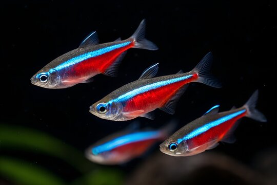 neon tetra fish isolated in black background
