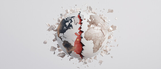 USA-China Economic War and Import-Export Crisis, dramatic scene of cracked globe with flags