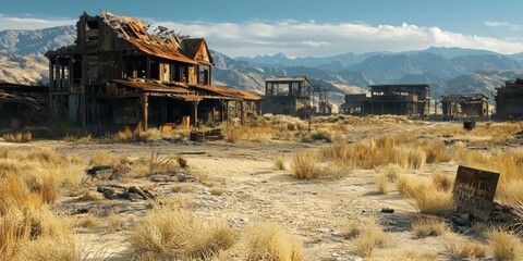 Fototapeta premium Deserted Western Town: Abandoned Buildings, Dry Landscape, Mountains
