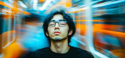 Obraz premium Asian man with glasses asleep on a train, blurred speed motion lines behind