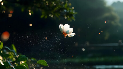 A delicate white flower blossoms in a scenic outdoor environment